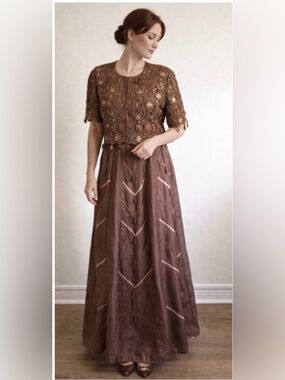 Vintage Embellished Jacket & Skirt Set – Brown & Gold Separates / Statement Boho